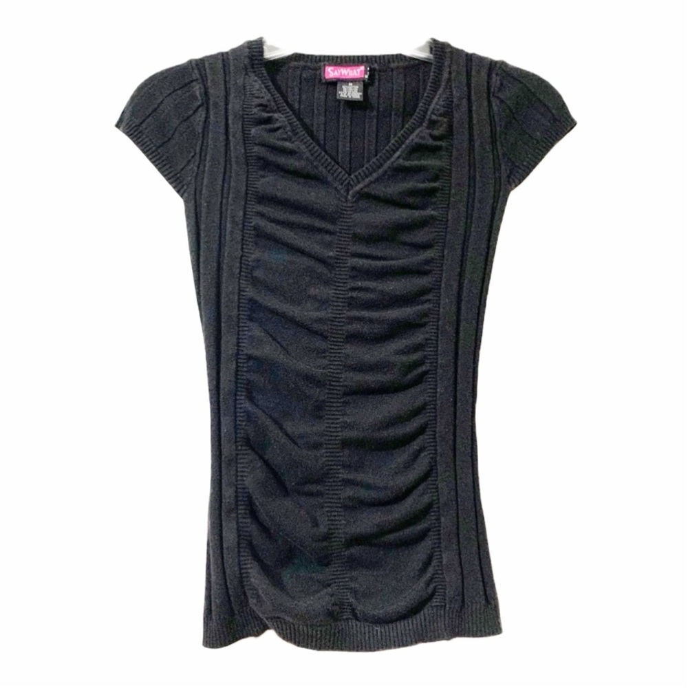 Say What Short Cap Sleeve V-neck Black Sweater Rushed Front Ribbed Sides / Back